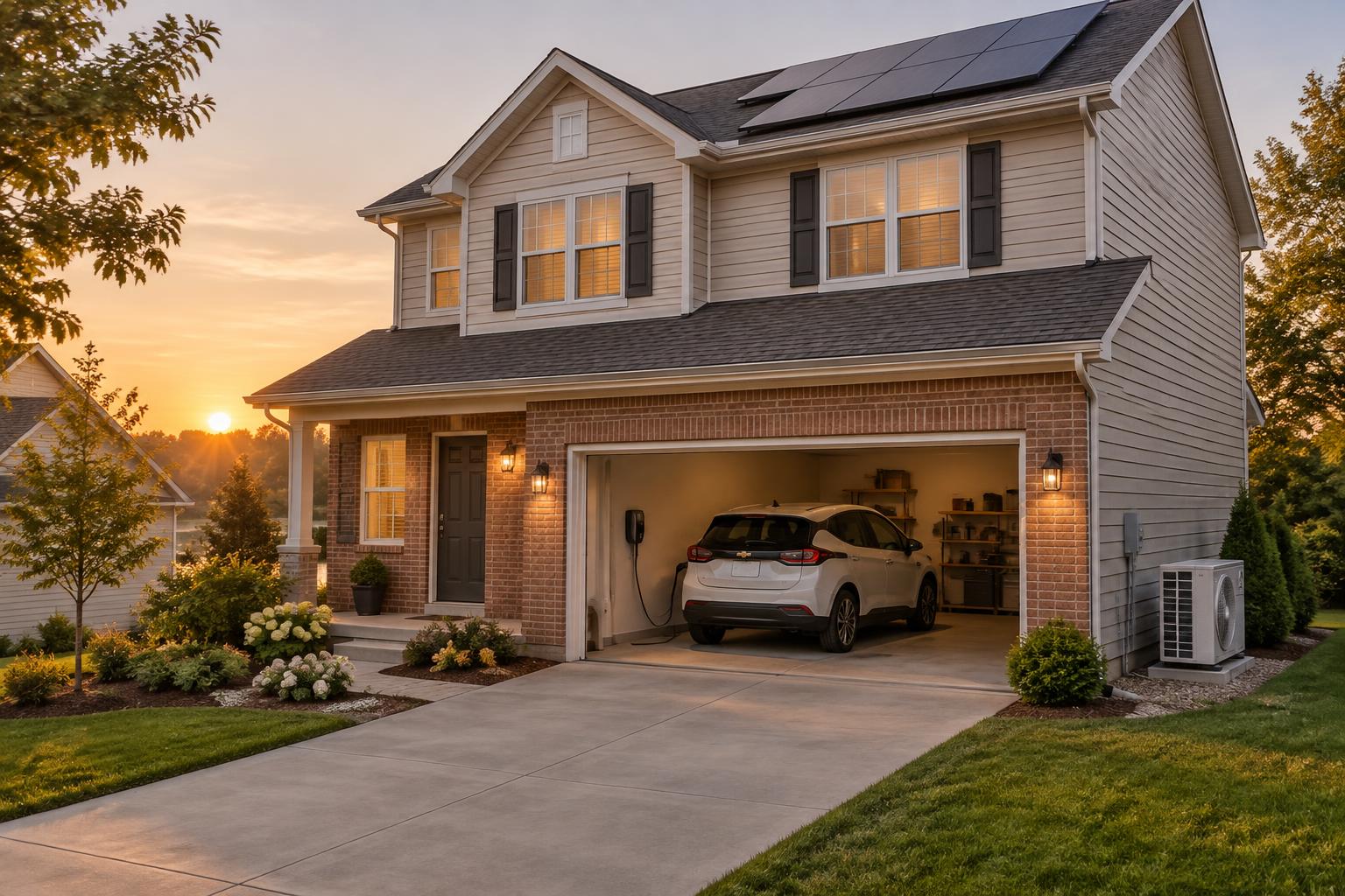 A modern suburban home with rooftop solar, a heat pump and an EV charging in the garage